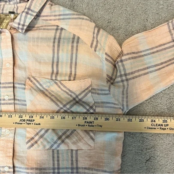 Free People Womens Button Up Shirt Large Peach Plaid Relaxed Dolman Sleeve Crop - Picture 8 of 9